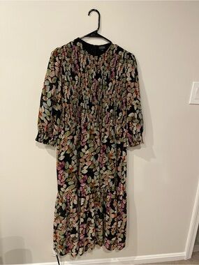 Edera Black Floral Modest Smocked Midi Dress with Tiered Skirt Size 1X